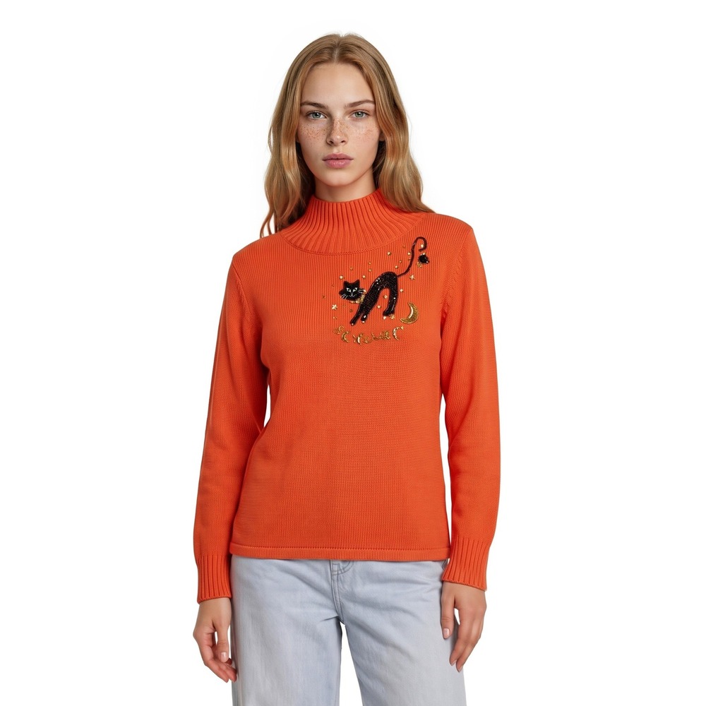 Berek Black Cat Sweater Women's Size XL Orange Beaded Sequin Halloween Vintage